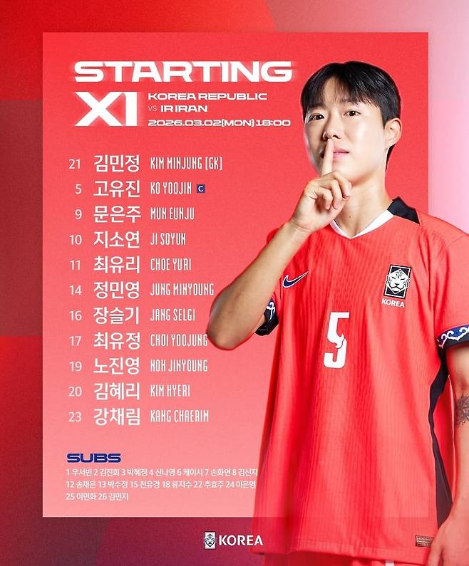 이란전 대한민국 여자국가대표팀 라인업. /사진=대한축구협회(KFA) 공식 사회관계망서비스(SNS)