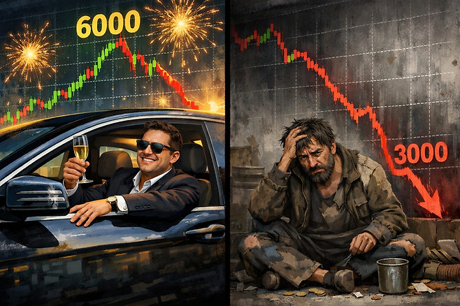 코스피 6000이라는 환호성은 변동성을 키우는 괴물(펜듈럼)의 먹이일 뿐이다. 대중의 확신과 집착이 커질수록 시장은 하락장이라는 '균형력'으로 뒤통수를 친다. 이 광기 속에서 계좌를 지키는 유일한 생존법은 흥분을 가라앉히고 나만의 건조한 투자 규칙을 기계적으로 따르는 것뿐이다. /챗GPT 제작 이미지