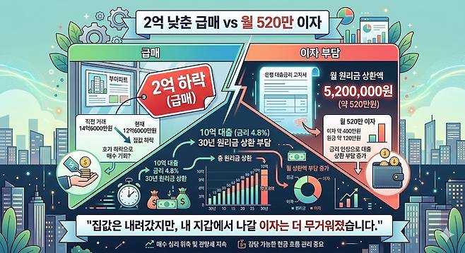 2억 낮춘 급매 vs 월 520만 이자. 제미나이 생성 그래픽