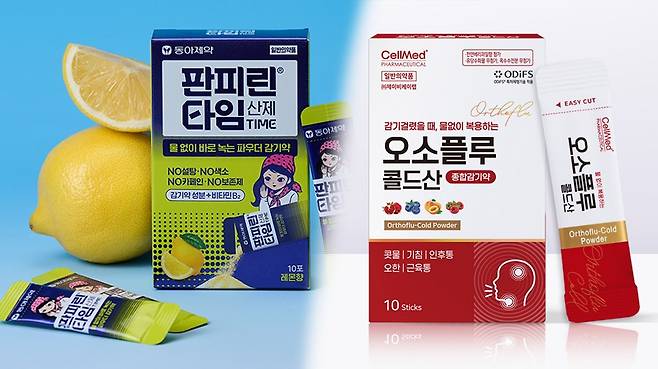 왼쪽부터 동아제약 '판피린타임 산제', 제이비케이랩 '오소플루콜드산'