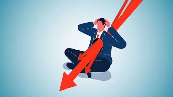 Revenues or operating profits plummet and investments lose money. Isometric view frustrated businessman pierced by falling arrows