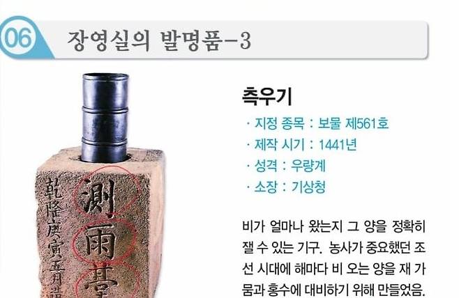 장영실이 측우기를 발명한 것처럼 잘못 소개한 파워포인트 교재.