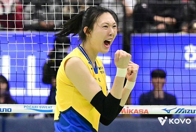 현대건설 양효진이 지난 1월 정관장과의 프로배구 V리그 여자부 정규리그 경기에서 득점 후 기뻐하고 있다. 한국배구연맹(KOVO) 제공