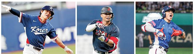 한국의 김도영이 지난 3일 일본 프로야구 오릭스 버펄로스와 평가전에서 홈런을 치고 나서 비행기 세리머니를 하고 있다.(왼쪽부터) 일본의 스즈키 세이야 역시 3일 한신 타이거스와 평가전에서 홈런을 친 뒤 말차를 타는 동작의 세리머니를 선보이고 있다. 대만의 전제셴이 최근 열린 대표팀 경기 도중 홈런을 친 뒤 국가명이 비어있는 가슴을 강조하는 세리머니를 펼치고 있다. 연합뉴스AP CPBL 소셜미디어 캡처