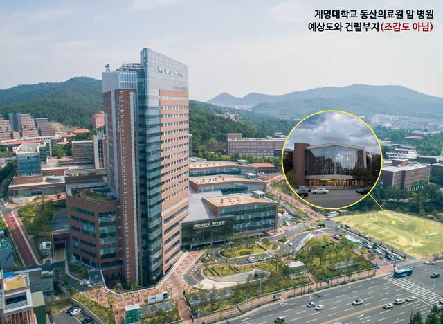 계명대 동산의료원이 신축하는 '암 병원' 예상도와 건립 부지. 계명대 동산병원 정문 우측에 암 병원이 들어선다. 계명대 동산병원 제공