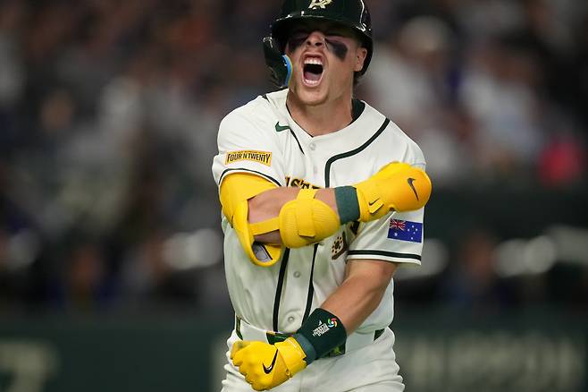 Australia's Travis Bazzana celebrates after hitting a solo home run against Taiwan in the seventh inning of a World Baseball Classic game in Tokyo, Thursday, March 5, 2026. AP연합뉴스