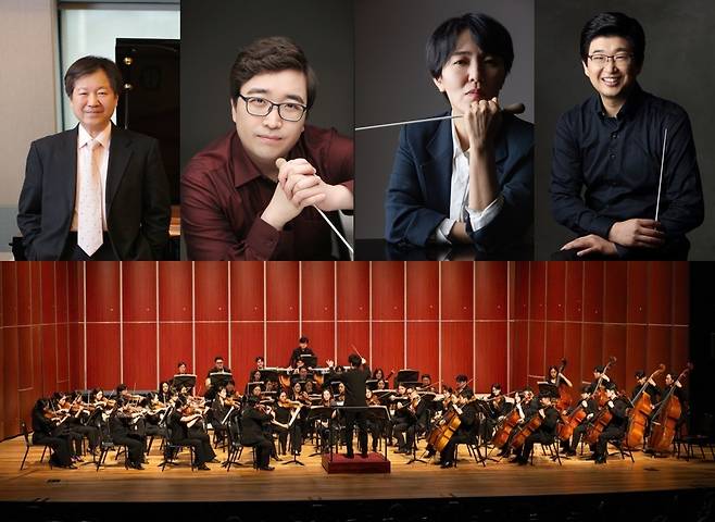 (Clockwise from left) Concert guide and pianist Kim Yong-bae, conductos Kim Kwang-hyun, Year Ja-Kyung and Chung Hun and Orchestra M (Mapo Arts Center)