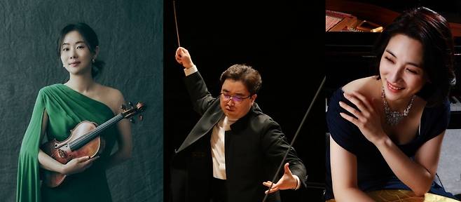 From left: Violinist Song Ji-won, conductor Kim Kwang-hyun and mezzo soprano Kim Sun-jung (Mapo Arts Center)