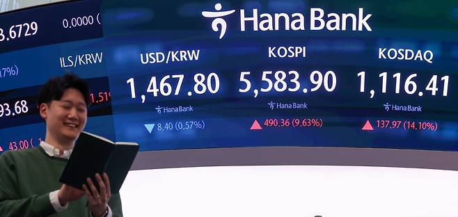 5일 서울 중구 하나은행 본점 딜링룸 전광판에 코스피 지수 종가가 표시돼 있다. 이날 코스피지수는 전일대비 490.36p(9.63%) 오른 5583.90에 코스닥은 전일 대비 137.97p(14.10%) 오른 1116.41에 장을 마감했다./2026.3.5 한국경제신문 문경덕 기자