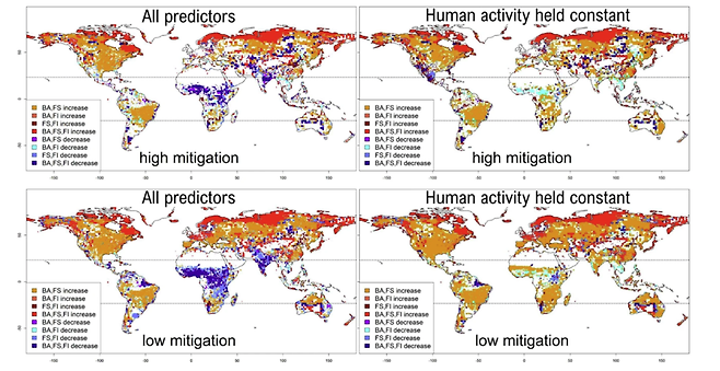 2100년까지 화재 발생 양상 변화 (자료 Haas, O., Prentice, I.C. & Harrison, S.P. Wildfires on a changing planet. Nat Commun 17, 1599 (2026).)