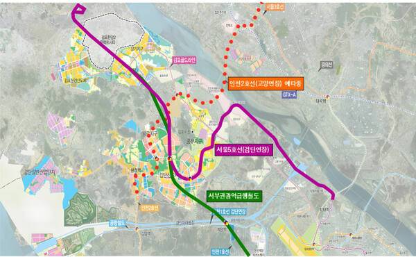 서울지하철 5호선 검단·김포 연장 노선도