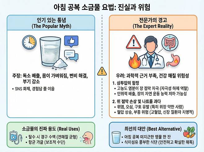 SNS상에서 떠도는 소금물 요법의 통념과 의학적 실상을 비교한 인포그래픽. 제미나이로 생성한 그래픽.