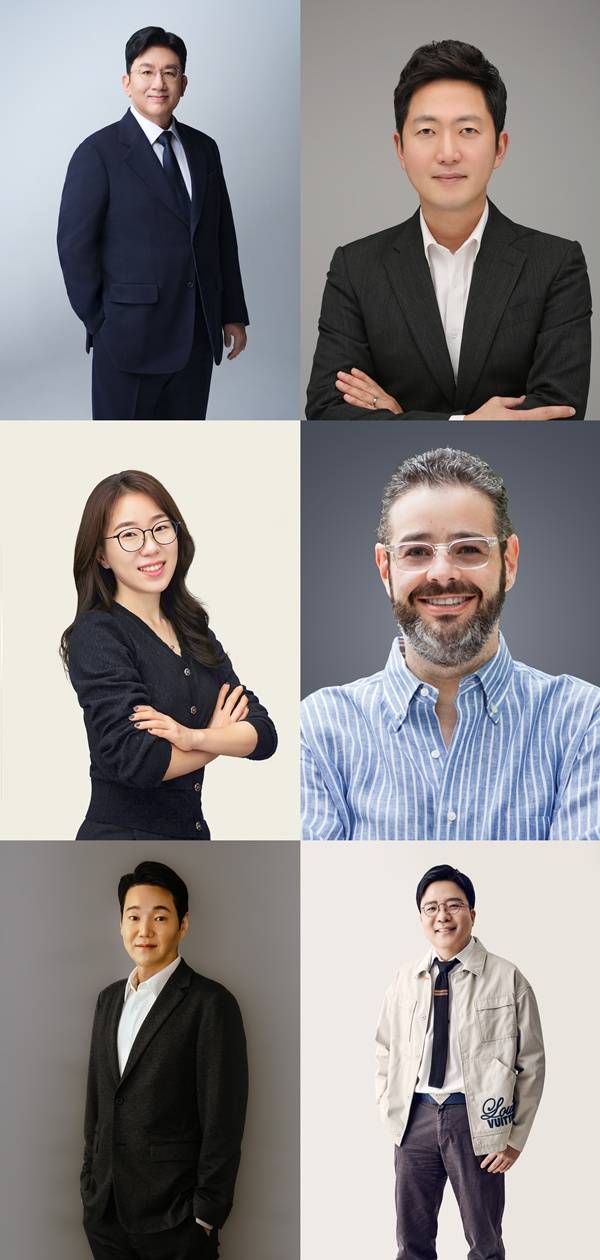 방시혁 하이브 의장, 이재상 하이브 대표이사, 오유진 하이브 쓰리식스티 사업대표, 아이작 리 하이브아메리카 의장 겸 CEO, 한현록 하이브재팬 대표이사, 김태호 하이브 COO / 사진=하이브
