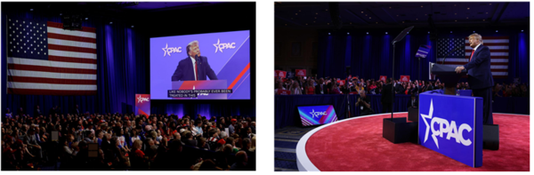 CPAC(미국 보수정치행동회의) 행사 장면. CPAC(Conservative Political Action Conference)는 미국 보수 진영 최대의 정치 행사로, 전 세계 극우 정치 네트워크가 모이는 상징적 플랫폼이다. 한국 극우 인사들이 이 행사에 참여해 '부정선거' 주장을 제기하면서 한미 극우 네트워크 연결 논란이 제기되었다.