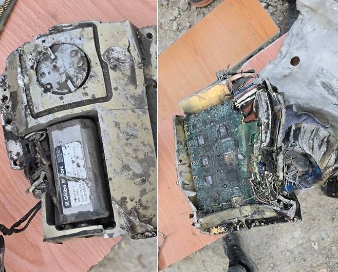 이란 국영방송 IRIB가 초등학교 폭격 현장에서 수거했다며 공개한 미사일 잔해./ IRIB