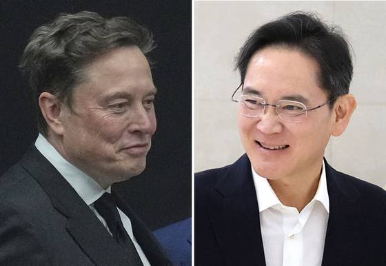 일론 머스크 테슬라 최고경영자(CEO·왼쪽)와 이재용 삼성전자 회장. AP=연합뉴스, 뉴스1