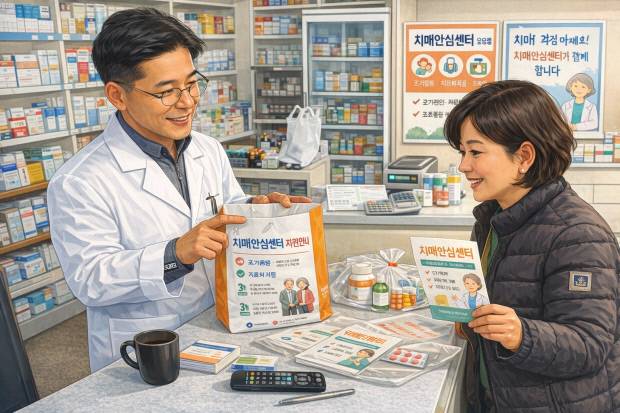 경주시 치매안심센터가 약국 122곳과 협력해 치매환자 지원서비스 홍보에 나선 가운데, 약사가 약제봉투에 담긴 안내문을 통해 치매안심센터 지원 정보를 설명하고 있다. AI형성 자료사진. 경주시 제공