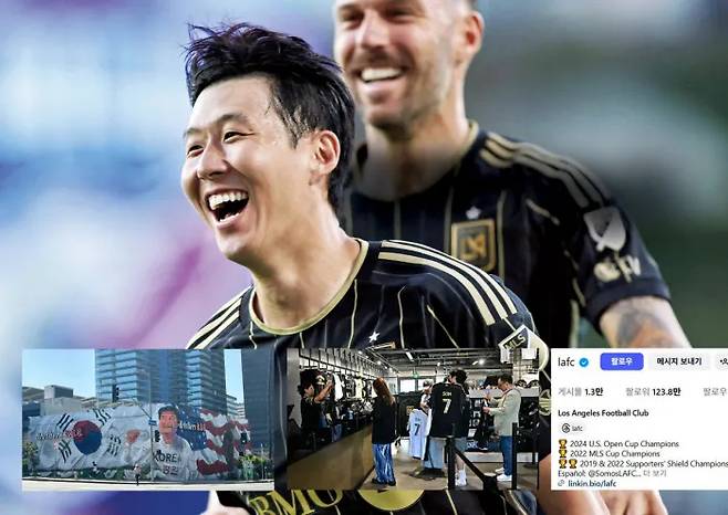 손흥민의 미국프로축구(MLS) LAFC 이적 효과. LA 한인타운 길거리에는 손흥민의 벽화가 등장했고(왼쪽 작은 사진), 유니폼 판매량은 리오넬 메시의 3배에 달했다(가운데 작은 사진). AFP연합뉴스·LAFC홈페이지·LAFC 공식 인스타그램