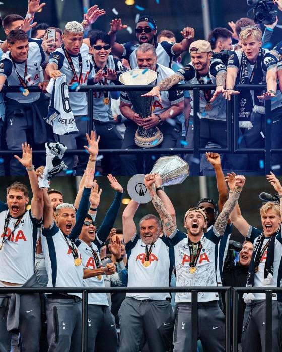 앙제 포스테코글루(가운데) 감독이 토트넘 홋스퍼 시절 유로파리그 트로피를 들며 환호하고 있다. 함께 기뻐하는 손흥민(포스테코글루 왼쪽). /사진=토트넘 홋스퍼 공식 사회관계망서비스(SNS)