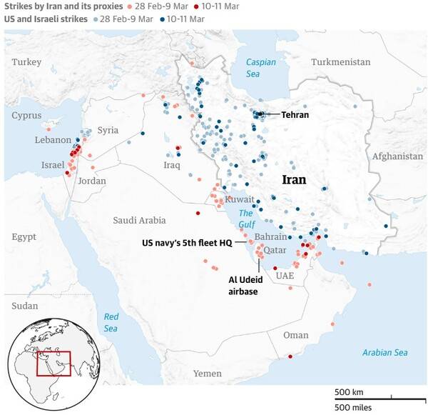 2월 28일부터 3월 9일까지 미국-이스라엘(푸른 점)과 이란 및 '저항의 축'(붉은 점) 쌍방 공격지점들. 가디언 3월 14일