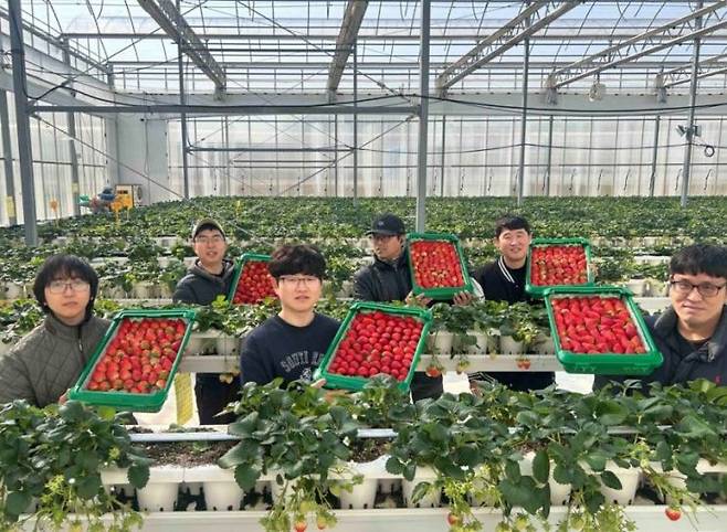 경북 의성의 '진한딸기 공선회' 청년 농부들이 상품과 함께 사진 촬영하고 있다. 쿠팡