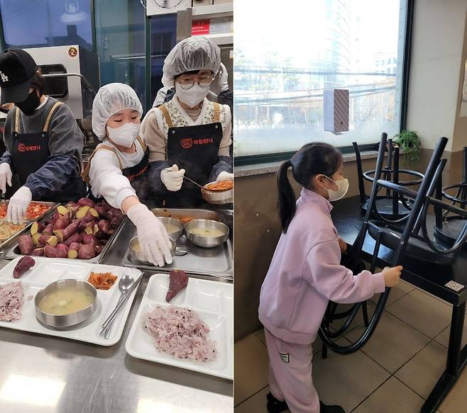 최근 서울 중구 무료급식소 아침애만나에서 배식 봉사에 참여 중인 조수아양(가운데)의 모습. 오른쪽은 같은 날 동생 아인양이 의자 정리를 하고 있는 모습. 이랜드복지재단 제공