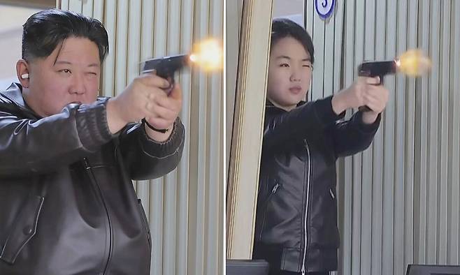 김정은 국무위원장이 딸 주애와 함께 제2경제위원회 산하 중요군수공장을 찾아 11일 신형 권총을 사격하고 있다. 조선중앙TV·뉴시스