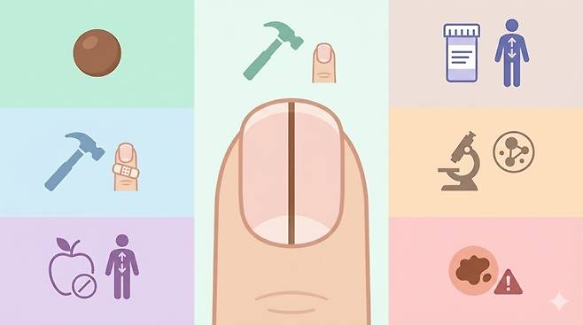 손톱 검은세로줄의 다양한 원인을 도식으로 정리한 의학 인포그래픽