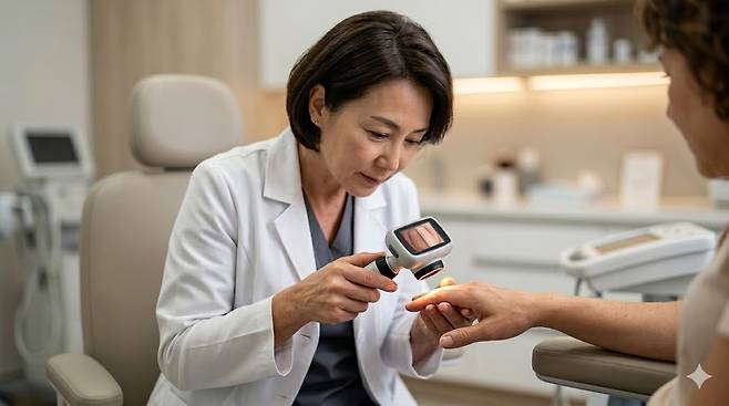 피부과 전문의가 더모스코피로 환자의 손톱을 확대 관찰하는 진료 장면