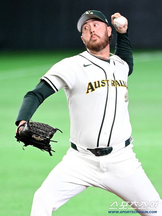 5일 일본 도쿄돔에서 열린 WBC(월드베이스볼클래식) 호주와 대만의 경기. 호주 잭 오러플린이 역투하고 있다. 도쿄(일본)=허상욱 기자wook@sportschosun.com/2026.03.05/