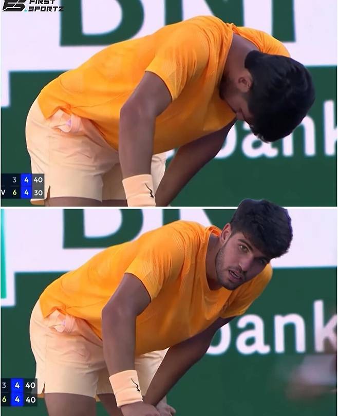 경기가 안 풀리자 힘들어 하는 알카라스. 출처 알카라스 팬 페이지