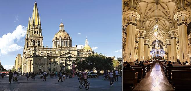 (좌) 도시의 랜드마크인 16~17세기에 건축된 과달라하라 대성당 (우) 스페인 르네상스 스타일로 디자인된 과달라하라 대성당 내부 전경