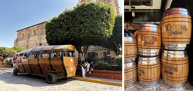 (좌) 테킬라 통 모양의 차량을 타고 투어를 즐기는 관광객들 (우) 테킬라 칵테일을 담는 술잔