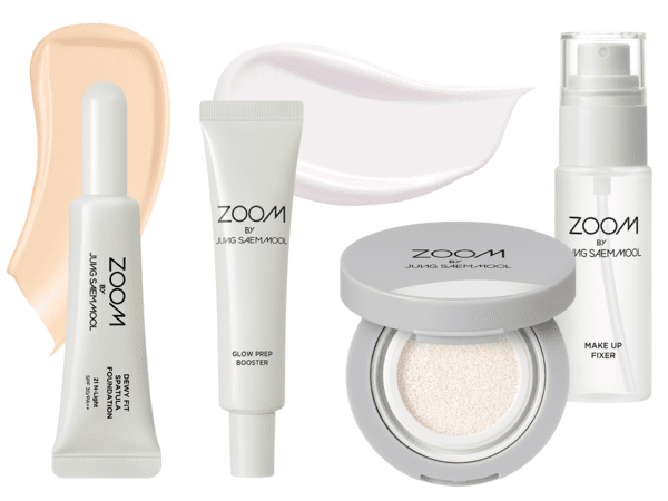 (왼쪽부터)듀이핏 스파츌라 파운데이션 25ml 5천원, 글로시업 쿠션 4g 5천원, 광프렙 부스터 30ml 5천원, 메이크업 픽서 50ml 5천원 모두 줌 바이 정샘물