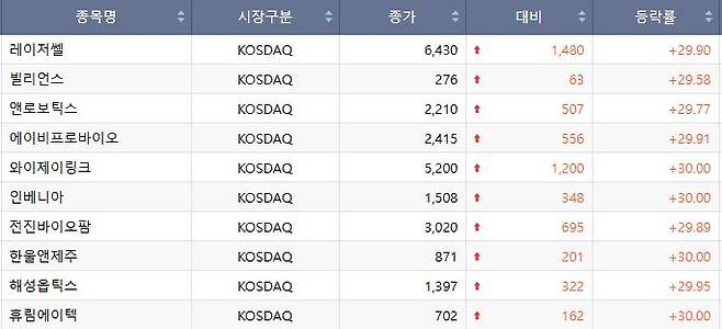 17일 코스닥 상한가 종목.(출처=한국거래소)