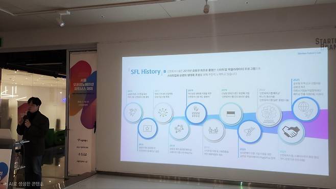 신한벤처투자 김영철 과장은 ‘신한 퓨처스랩’을 그룹 공동 오픈이노베이션 플랫폼으로 소개했다. 은행, 카드, 증권, 라이프, DS가 함께 참여하고, 신한벤처투자가 운영을 맡는 구조다. (사진=테크42)