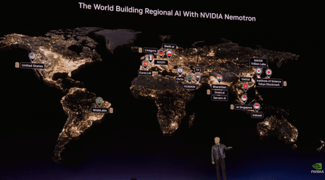 16일(현지시간) 젠슨 황 엔비디아 최고경영자(CEO)는 미국 캘리포니아주 새너제이에서 열린 GTC 2026 기조연설 중 '엔비디아 기반 글로벌 지역 AI 구축' 관련한 국가별 기업들을 세계 지도로 제시했다. 한국 위치엔 네이버와 트릴리온랩스가 나란히 표시됐다. (사진=엔비디아 유튜브 생중계 갈무리)