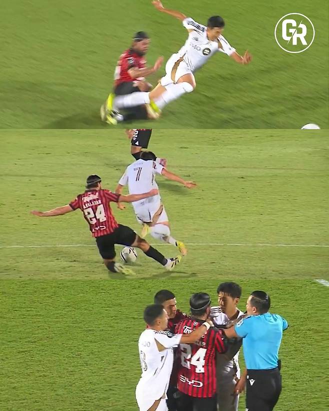 18일 코스타리카 알라후엘라의 에스타디오 알레한드로 모레타 소토에서 열린 로스앤젤레스(LA)FC와 LD 알라후엘렌세의 2026 CONCACAF 챔피언스컵 16강 2차전에서 경기 도중 아론 살라사르에게 거친 태클을 당해 쓰러진 뒤 신경전을 벌이고 있는 LAFC 손흥민. /사진=구스타보 로카 SNS 캡처