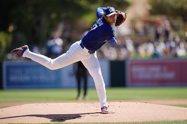 시즌 첫 실전 등판에 나선 LA 다저스 오타니 쇼헤이. AP=연합뉴스