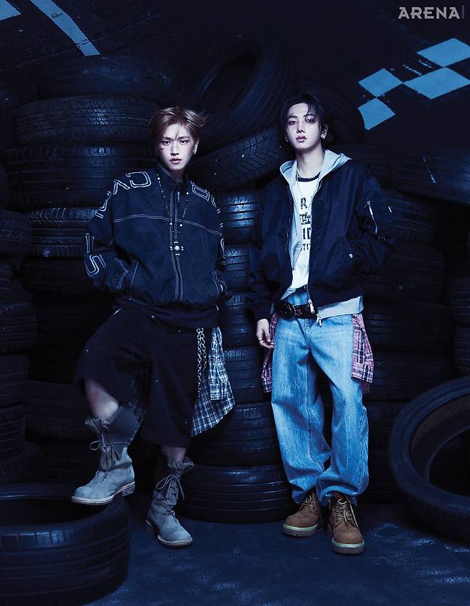 리우가 착용한 마블 모터사이클 스포츠 재킷·로고가 적용된 블랙 컬러 티셔츠·데님 워크 쇼츠 모두 할리데이비슨 컬렉션스 제품. 명재현이 착용한 할리 오리지널 MA-1 재킷·스컬윙 후드 집업·티셔츠·커브드 와이드 핏 데님 팬츠 모두 할리데이비슨 컬렉션스 제품.