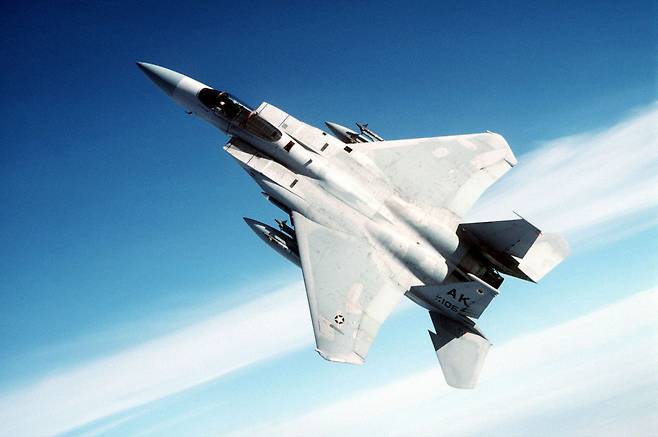 미국의 F-15 전투기. 이번 이란 전쟁에 투입된 미국과 이스라엘 전투기는 모두 수평꼬리날개가 있다. GETTYIMAGES