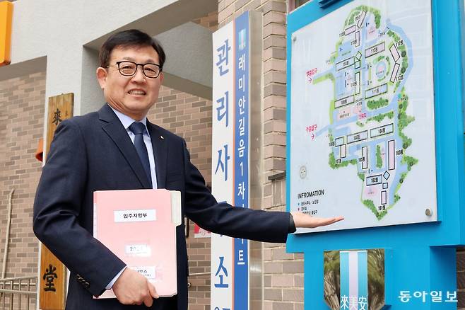 이종호 서울 성북구 래미안길음 1차 아파트 관리소장이 관리사무소 앞에서 단지 조감도를 가리키고 있다. SC제일은행 서대문 지점장을 끝으로 명예퇴직한 그는 개인 사업, 중소기업 임원 등을 하다 2019년 주택관리사 자격증을 획득해 새로운 삶을 살고 있다. 전영한 기자 scoopjyh@donga.com