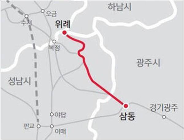 위례삼동선 예상 노선도. 성남시 제공