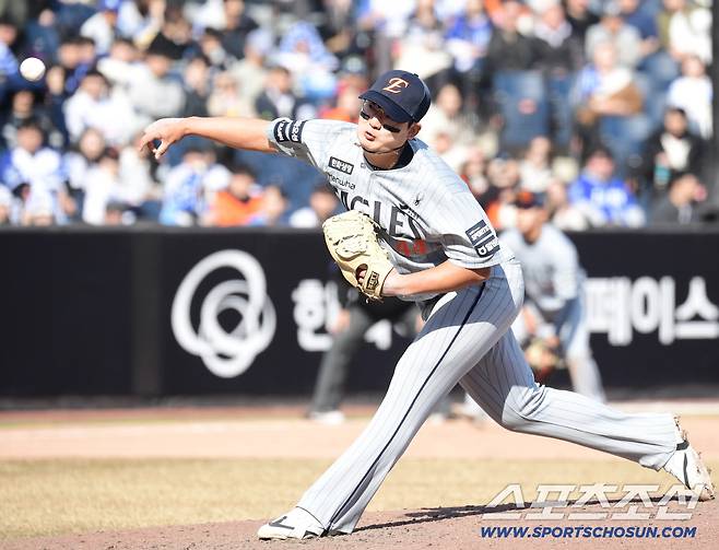 13일 대전 한화생명볼파크에서 열린 KBO리그 시범경기 한화와 삼성의 경기. 9회 마운드 올라 투구하는 한화 김서현. 대전=송정헌 기자songs@sportschosun.com/2026.03.13/