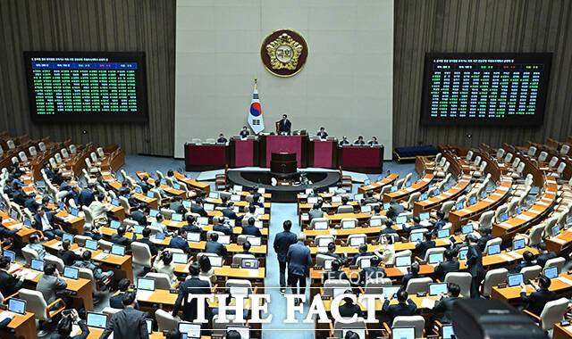 22일 오후 서울 여의도 국회에서 열린 제433회 국회(임시회) 본회의에서 윤석열 정권 정치검찰 조작기소 의혹 사건 진상규명 국정조사계획서 승인의 건이 의결되고 있다. /국회=박헌우 기자