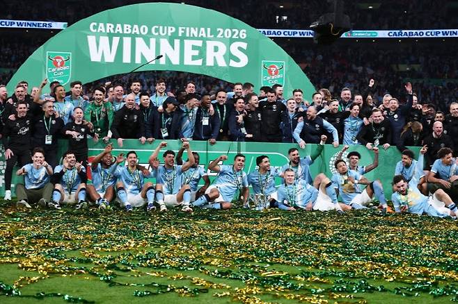 카라바오컵 결승전에서 아스널을 꺾고 통산 9번째 대회 우승을 차지한 맨체스터 시티. 사진=AFPBBNews