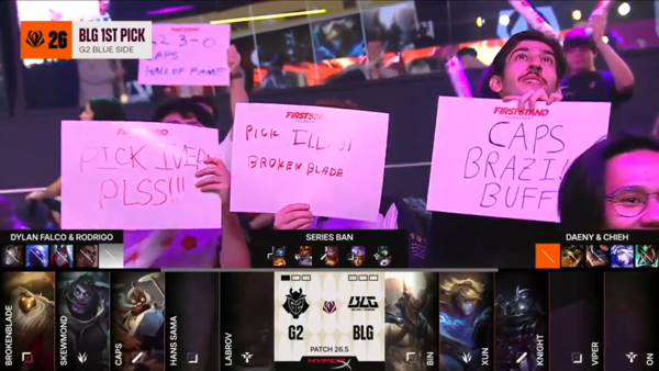 22일 브라질 상파울루에서 열린 '2026 리그 오브 레전드 퍼스트 스탠드 토너먼트(FST)' 결승전 2세트에서 BLG가 치열한 난타전 끝에 G2를 꺾고 시리즈를 원점으로 돌렸다. . /사진=라이브영상 캡처