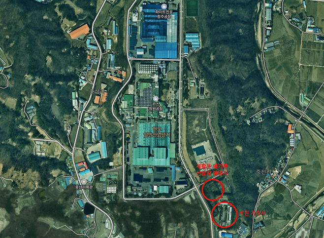 위성사진으로 본 충청북도 청주시 현도일반산업단지와 재활용 폐기물 선별장 예정지 및 근로자 기숙사 위치.