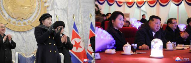 2023년 건군절(인민군 창건일) 75주년 열병식에 참석한 주애(왼쪽 사진)와 2025년 1월 신년 경축 공연에 등장한 주애. 김정은 북한 국무위원장이 없는 단독 사진도 '로우 앵글'로 촬영됐다. 조선중앙통신 연합뉴스