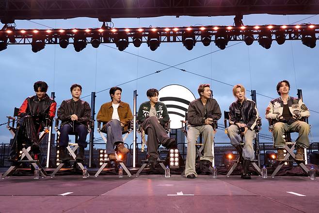 BTS speaks onstage during "Spotify x BTS: Swinside" held at Pier 17, in New York on Monday. (Getty Images for Spotify)